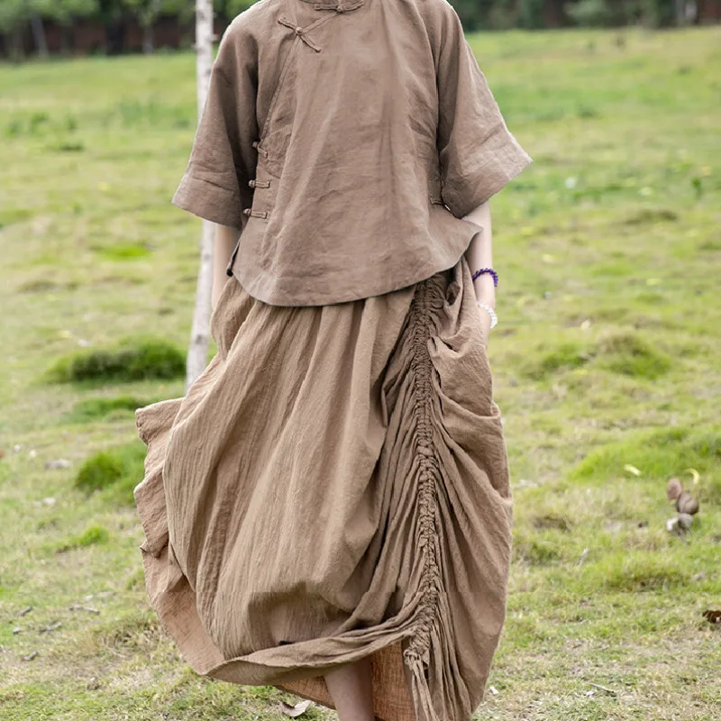 Irregular Drawstring Cotton Linen Skirts Women Vacation Holiday Elastic Waist Drawstring Office Work Irregular Long Soft Skirt