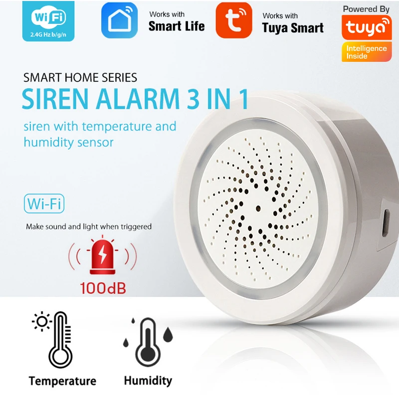 Alarma de sirena Smart Life, altavoz de 100dB con Sensor de temperatura y humedad, alerta de luz estroboscópica para sistema de seguridad de automatización del hogar