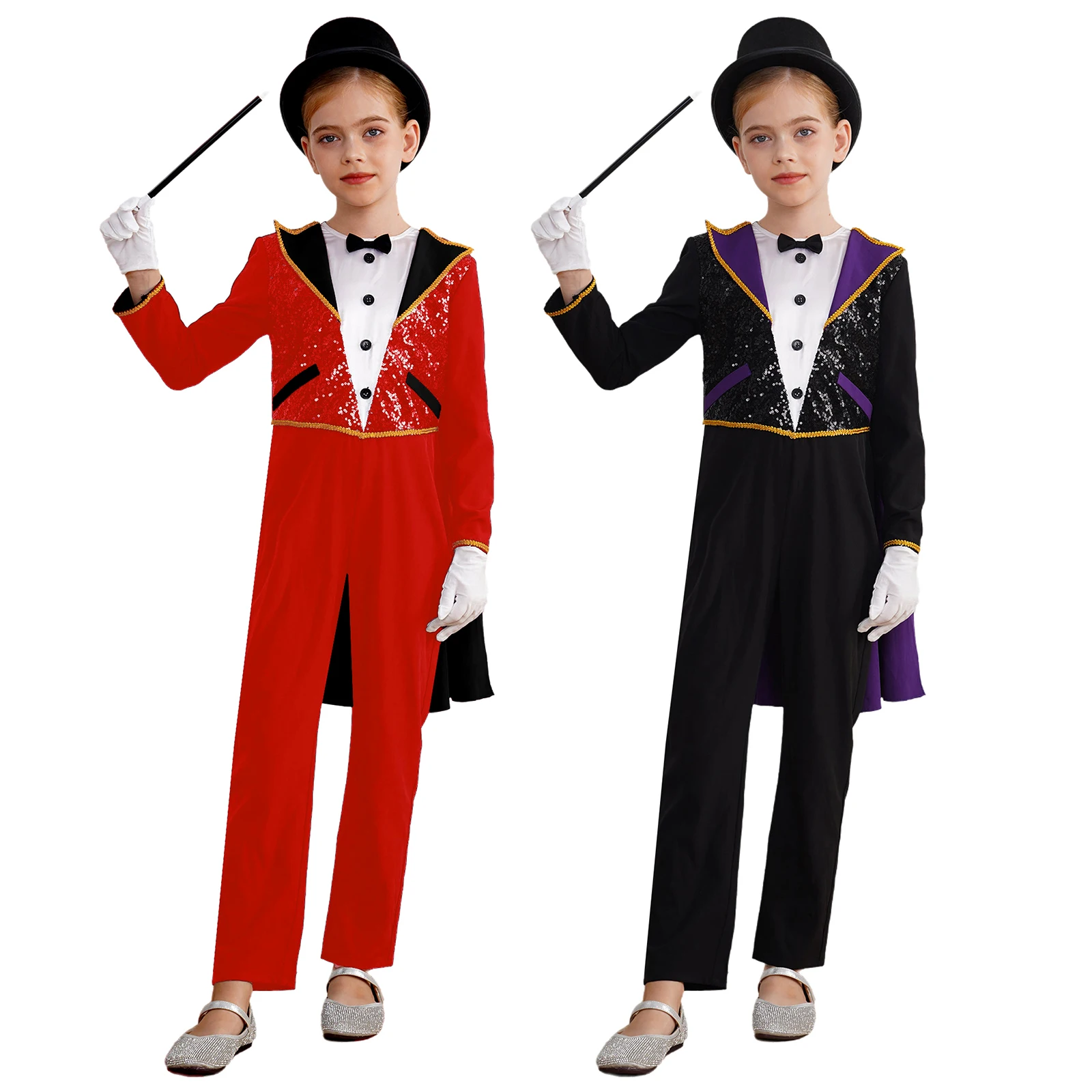 Jungen Mädchen Zirkus Magier Kostüm Langarm Fliege Cape Bodysuit mit Zauberstab Handschuhe und Hut für Halloween Cosplay Party