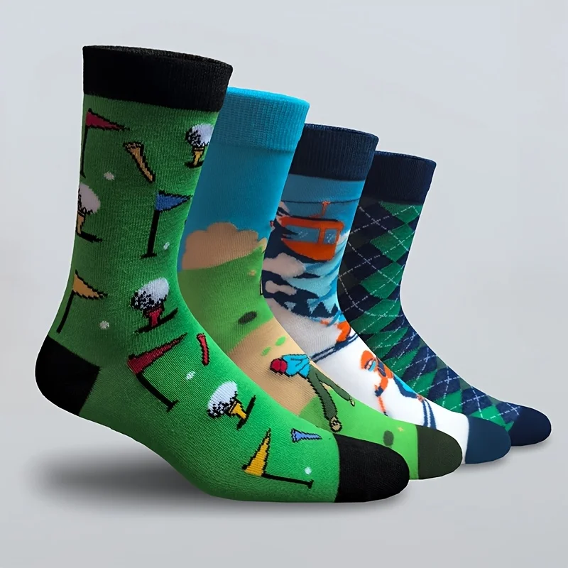 4 Pairs Men'S Novelty Quirky Golf Theme Fun Socks Unique Designs Letter Embroidery on The Soles Golf-Related Slogans