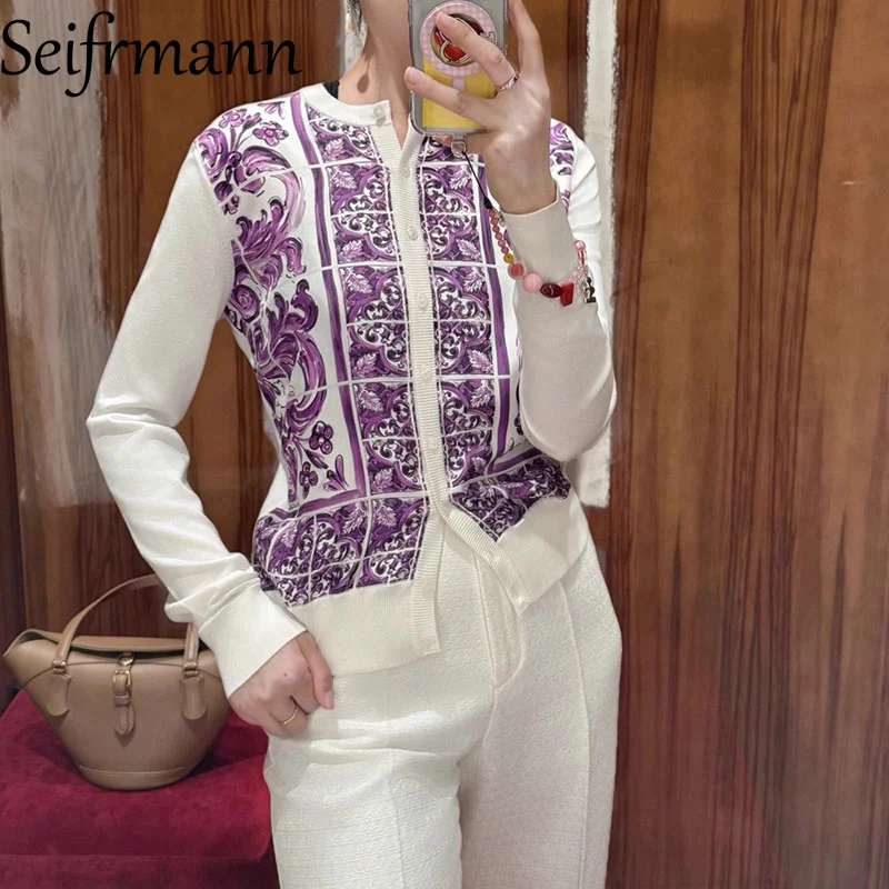 

Seifrmann Fashion design Women Shirt Long-Sleeved Single-Breasted Purple print Silk Tops Spring Summer 2025 New