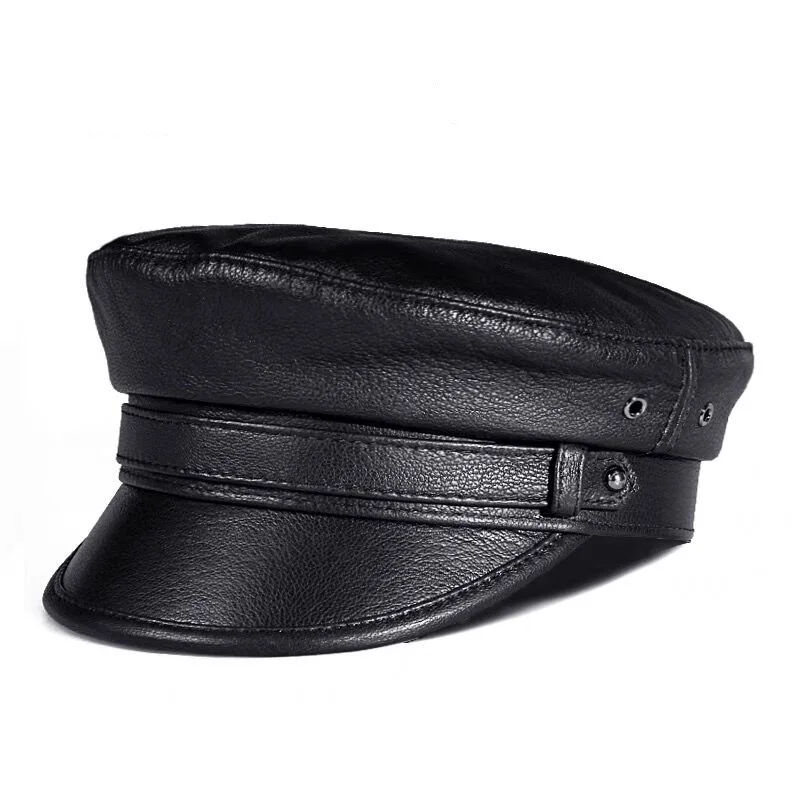 

Spring Men/Women Genuine Leather Navy Hats Unisex European/American Streetwear Fitted Black Army Caps With Belt Outdoor Gorro