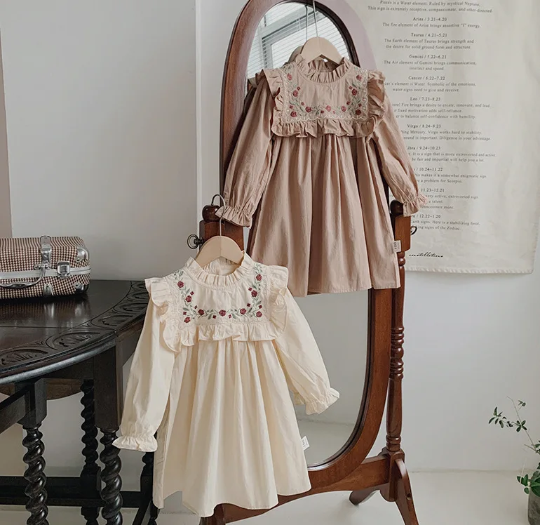 Baby Girls French Dress Infant Clothing Autumn Children Embroidery Stand Collar Bubble Ruffle Long Sleeve Kids Spring Style