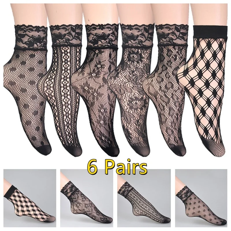 

6Pair Women Lovely Girls Summer Hollow Fashion Sexy Lady Soft Black Lace Ruffle Fishnet Mesh Short Ankle Socks Ultrathin