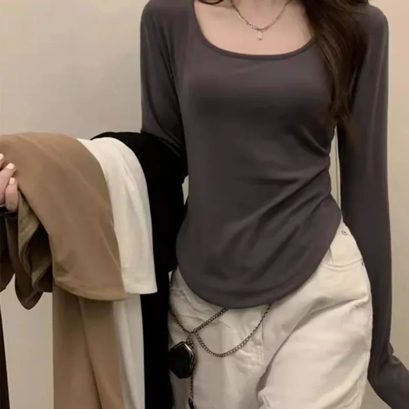 

Женское термобелье, футболка с квадратным вырезом и длинными рукавами, рубашки с однотонным низом, высококачественные тонкие топы с неровным подолом, базовые пуловеры