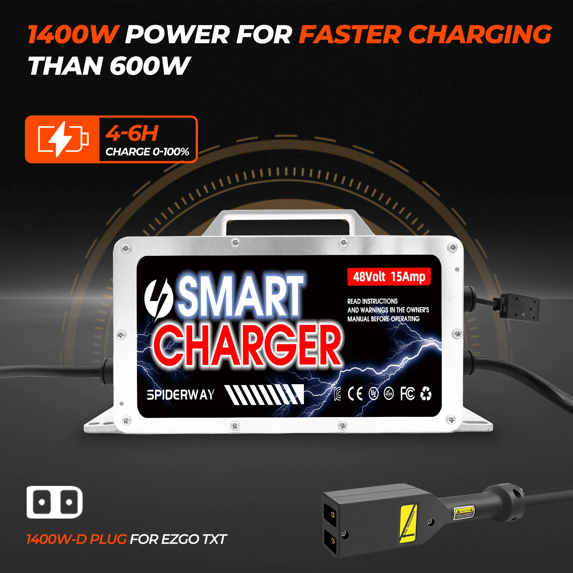 شاحن بطارية ذكي لعربة الجولف 48 فولت 15 أمبير مع قابس على شكل D لعربة الجولف EZGO TXT