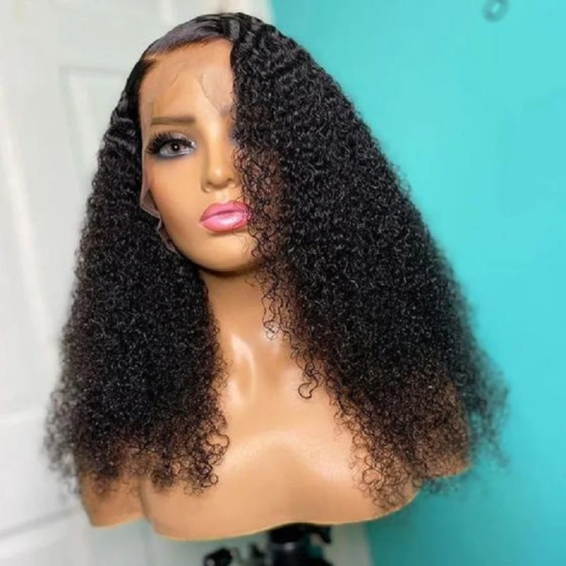 

Soft 26 Inch 180% Density Glueless Preplucked Long Kinky Curly Natural Black Lace Front Wig Fiber Preplucked Wig