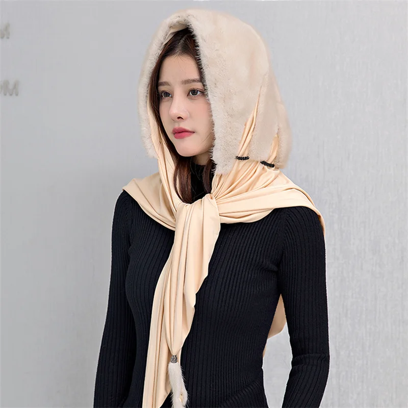 Women's Hooded Chiffon Scarf 2023 New Mink Fur Scarf Hat Muslim Fashion Lslamic Scarf Muslim Women's Fur Head Circumference