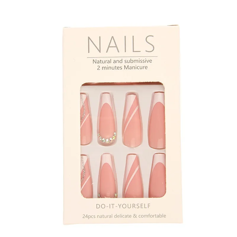 

Europe and the United States wear long white striped colored diamond nail patch fake nail patch