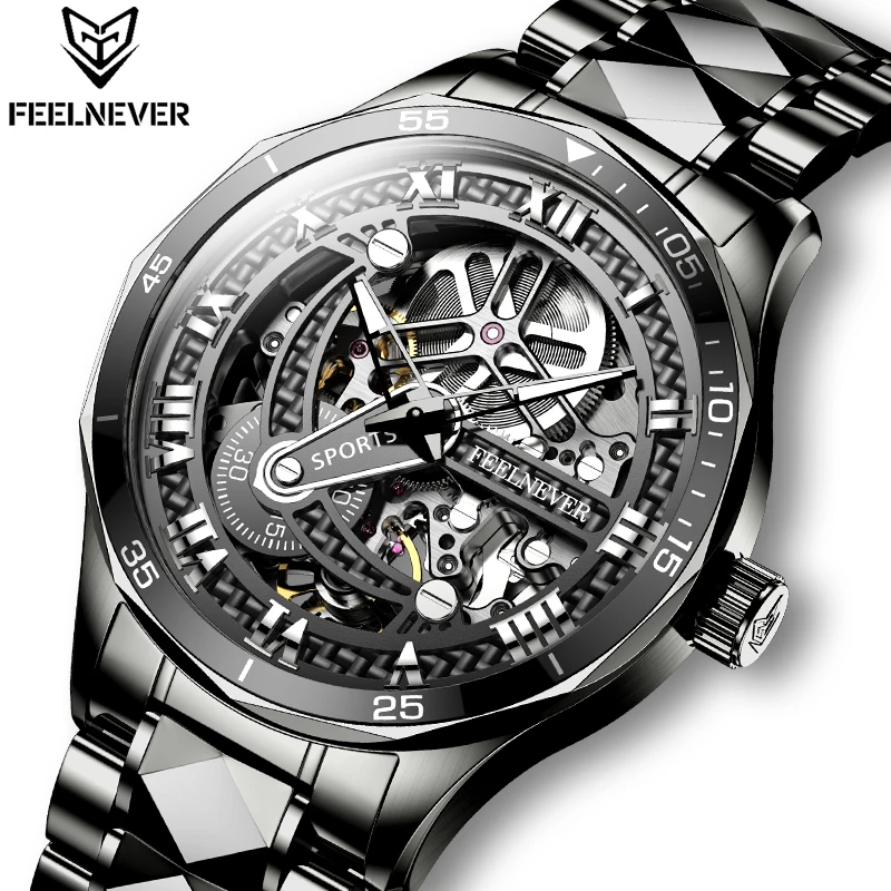 LIGE Brand FeelNever Fashion Luxury Mechanical Watches for Men Hollow Out Tungsten Steel Band Waterproof Automatic Man Watch+Box