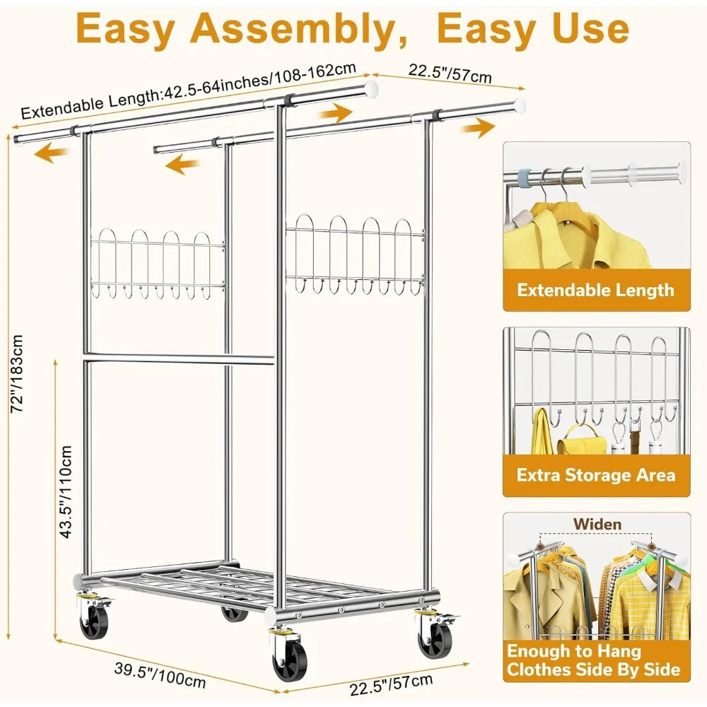 رف ملابس قابل للتمديد شديد التحمل من الفولاذ المقاوم للصدأ مع ثلاثة قضبان تعليق بسعة تحميل 960 رطل