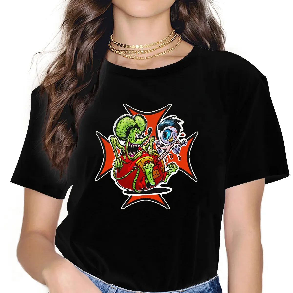 Chest Buster Women Tshirts Tales Of The Rat Fink Cartoon Film Aesthetic Vintage Female Clothing Loose Graphic Short Sleeve