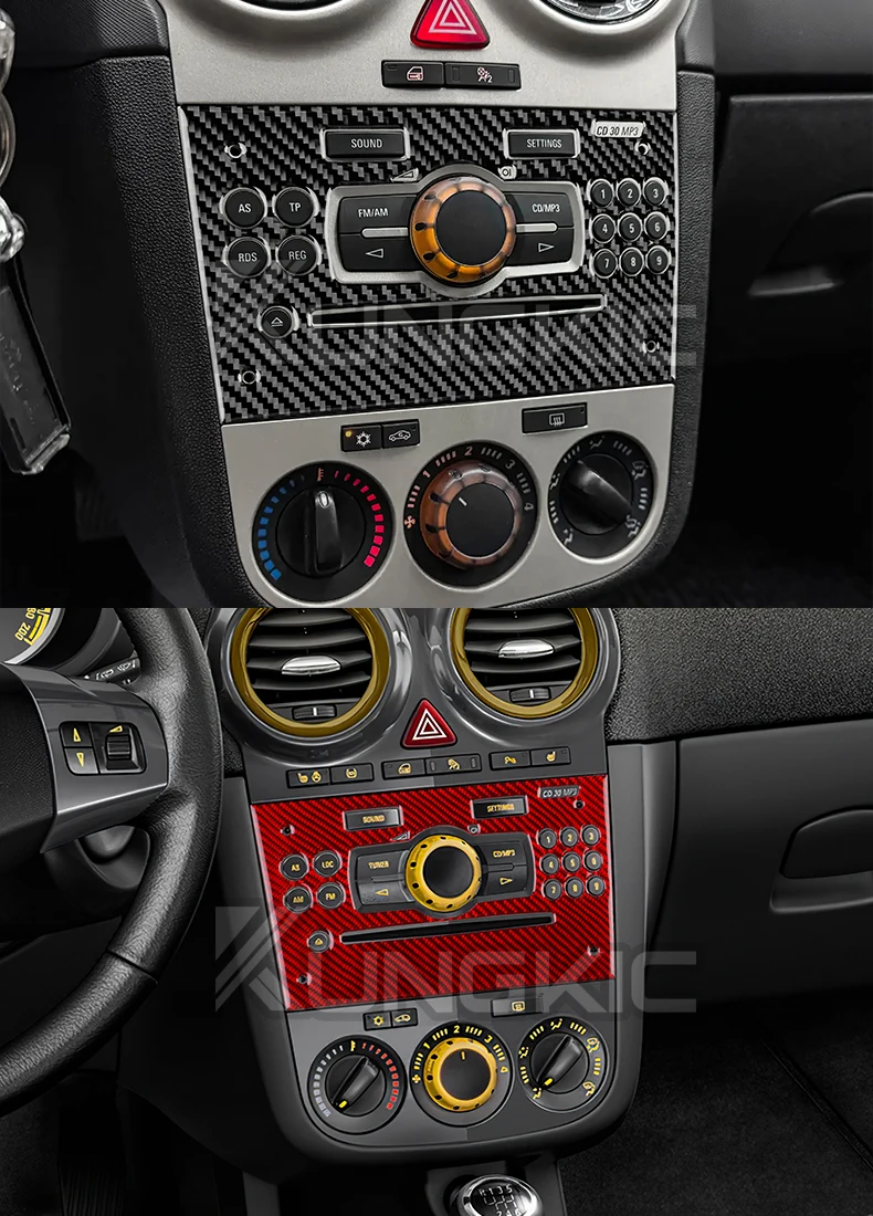 Echter weicher Kohlefaser-Aufkleber für Opel Corsa D 2007 2008 2009 2010 2011 2012 2013 2014, LHD RHD, Auto-Zentralsteuerung, CD-Tastenverkleidung – Detail 10