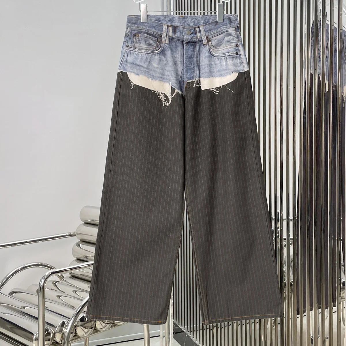 High Quality Women Patchwork Raw Edge Wide Leg Pants Vintage Spliced Loose Straight Trousers Daily Casual Streetwear lyt127430