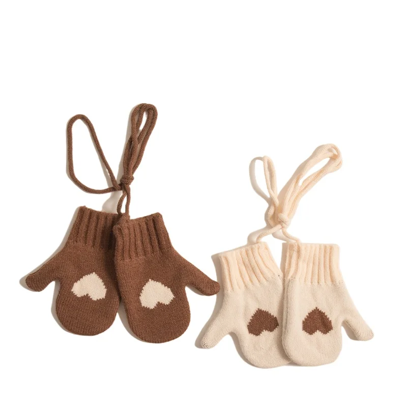 ファッションニットラブハートミトン 3-6歳用 暖かいカジュアルネックグローブ 秋冬防寒子供用