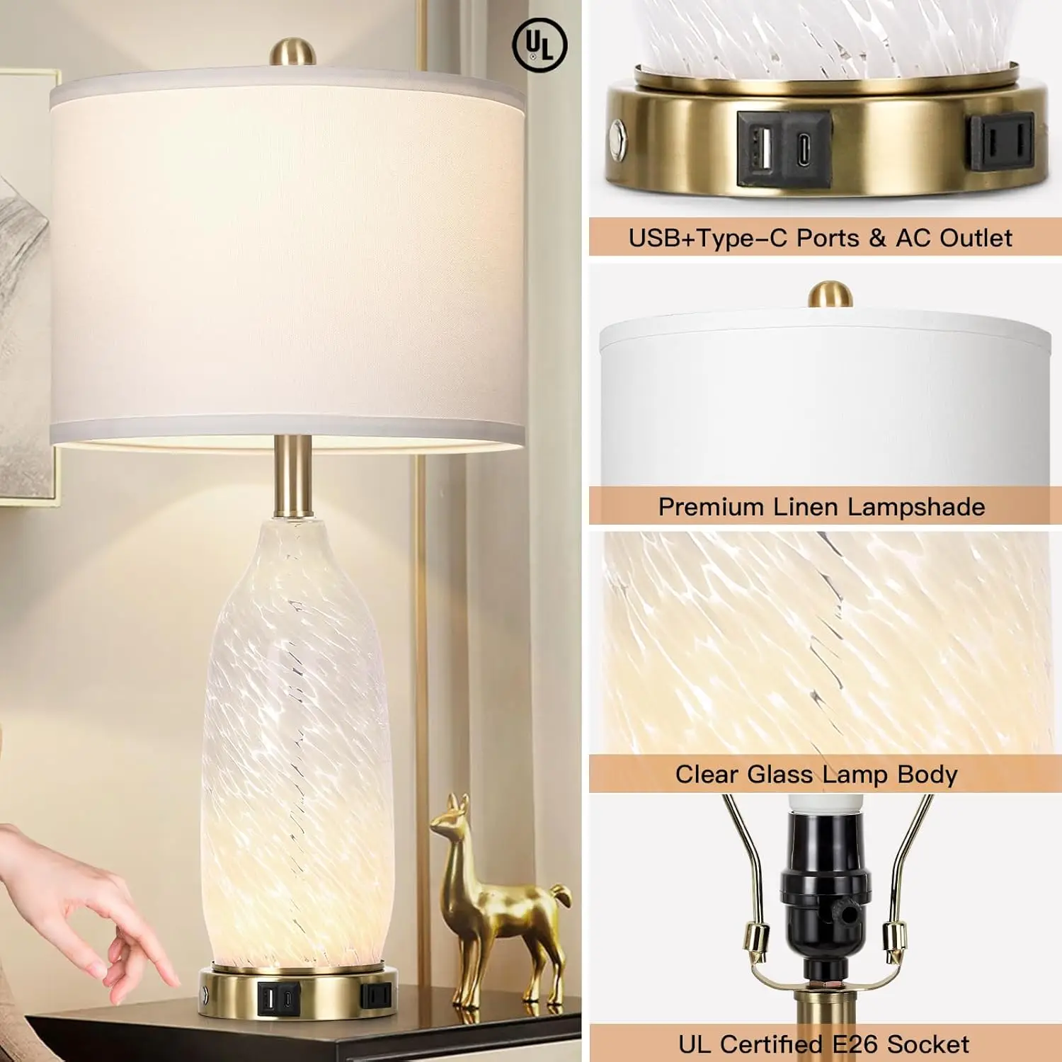 Lámparas de mesa de cristal modernas de 26', juego de 2 con salida USB y CA, luz nocturna con control táctil regulable para dormitorio, sala de estar (bombillas)