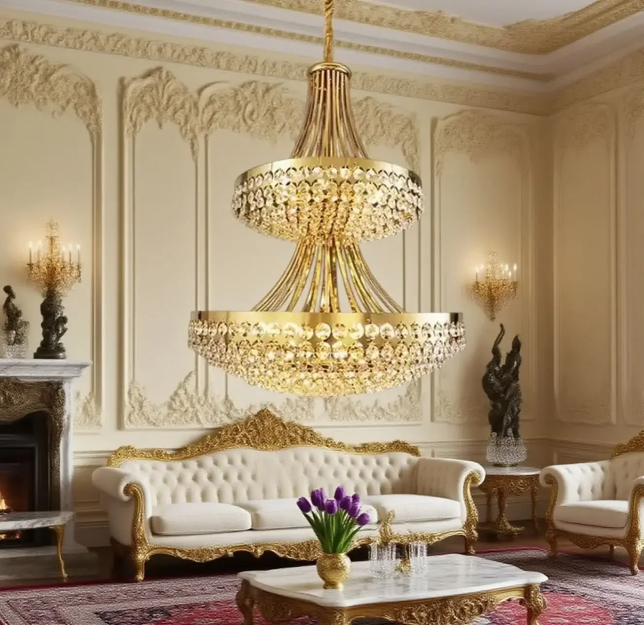 Luxurious Modern K9 Crystal Chandelier Large Gold Pendant Lamp for High Ceilings Home Decor with Middle Size Hanging Lighting