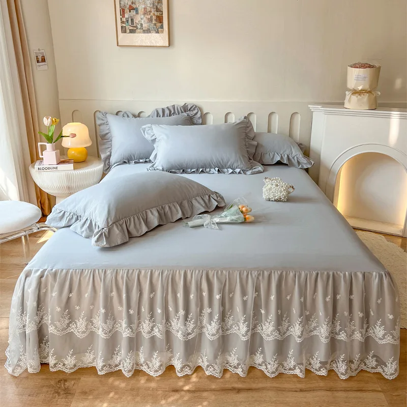 

Premium 100% Cotton Material 2 Layers Lace Embroidery Craft Comfort Ruffle Bed Skirt Sheet Bedding Set=1 Bedspread+2 Pillow Case