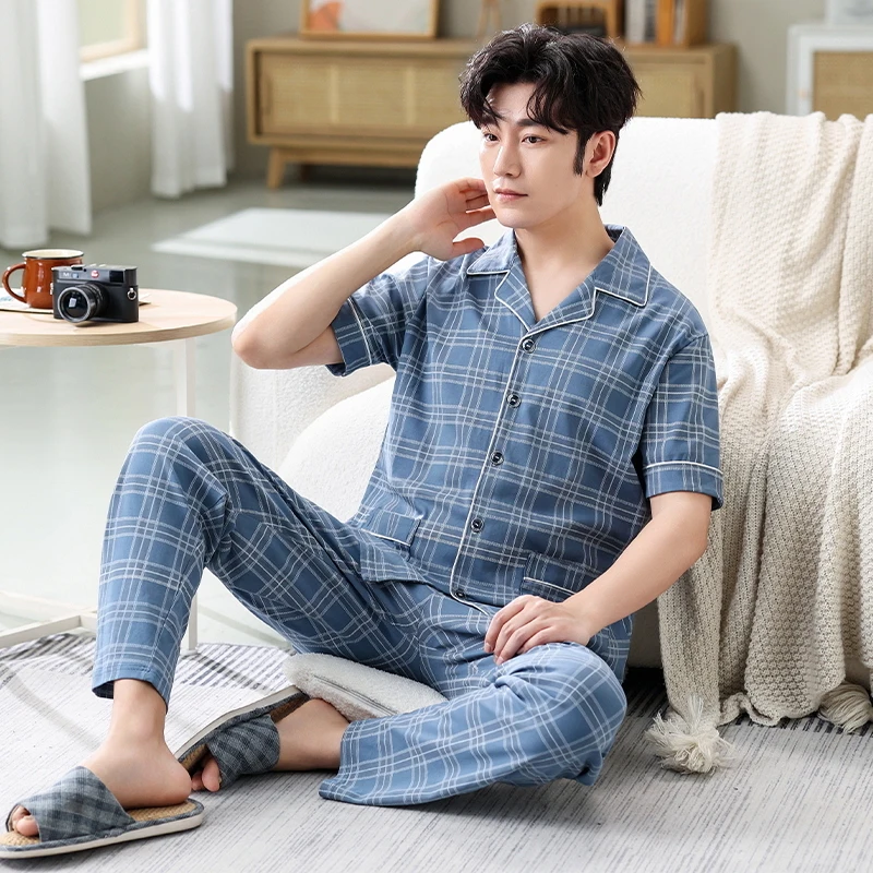 

Men T Shirt Cotton Pajama Set 4XL Sleepwear Sexy Mens Turndown Collar Tshirts + Pants Brand Short Sleeve Plaid Casual Tracksuit