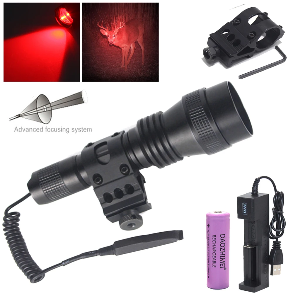 

500 Yards White+Red+Green Predator Light Zoom Professional Hunting Waterproof Tactical Torch +18650+USB Charger+Switch