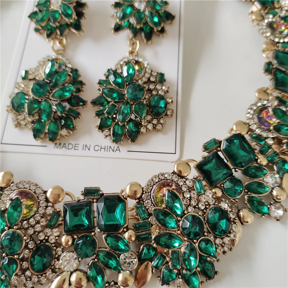 2024 New ZA Trend Green Crystal Rhinestones Necklace Earrings Women Jewelry Sets Indian Statement Large Collar Choker Necklace