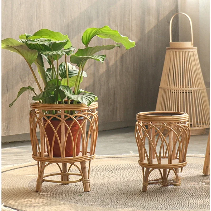 High Value Plant Shelves Balcony Garden Flower Stand Living Room Floor Storage Shelf Imitation Rattan Woven Indoor Gardening