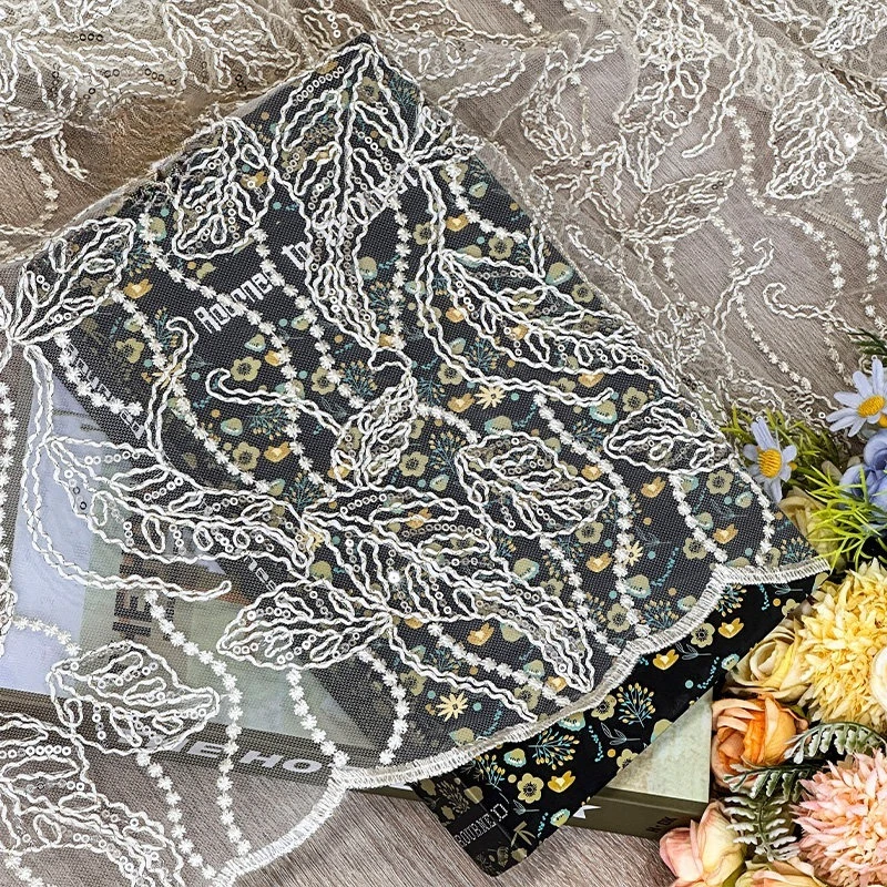 Milk Silk - Textured White Fabric with Heavy - Worked Small Floral Water - Soluble Embroidery for Skirts Cheongsams Kids' Wear