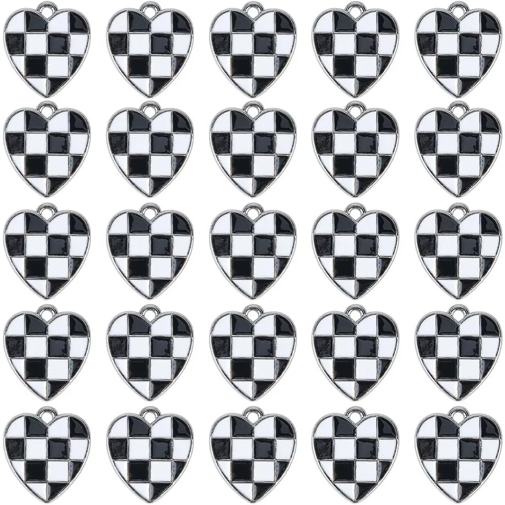 30 pçs encantos xadrez em massa preto e branco coração charme metal esmalte corações amor chique bandeira de corrida encantos para fazer jóias kits