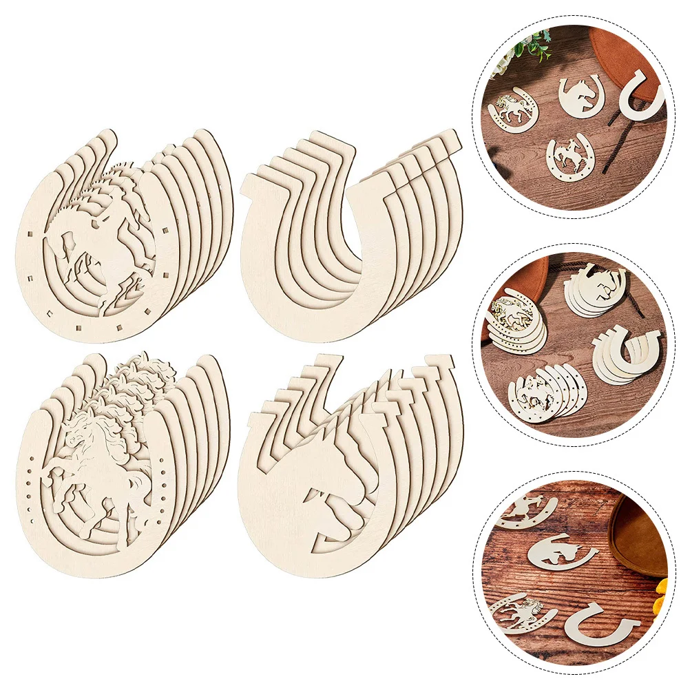 48 قطعة شرائح خشبية على شكل حدوة الحصان المعلقات الحرفية الطبيعية لم تنته DIY بها بنفسك سلاسل المفاتيح الحرف اليدوية الزخرفية للهدايا