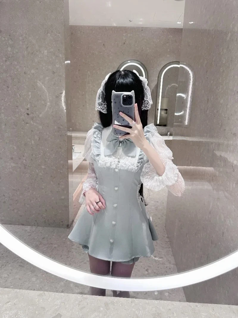 ชุดเซ็ตสองชิ้น เดรสเอวสูงและกางเกงขาสั้น สไตล์สาวหวาน ชุดสูทญี่ปุ่นแท้ คอตั้ง แต่งผ้าลูกไม้แขนยาว แต่งโบว์