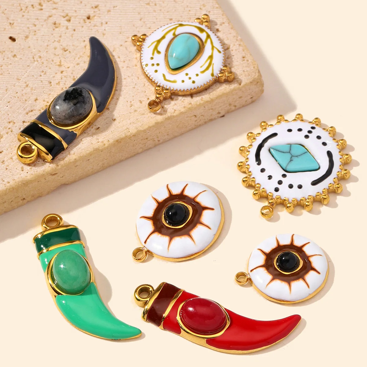 3pcs/LotStainless Steel Resin Love Heart DIY Charms Natural Stone Evil Eye Necklace Pendant Woman Retro Round Jewelry Wholesale