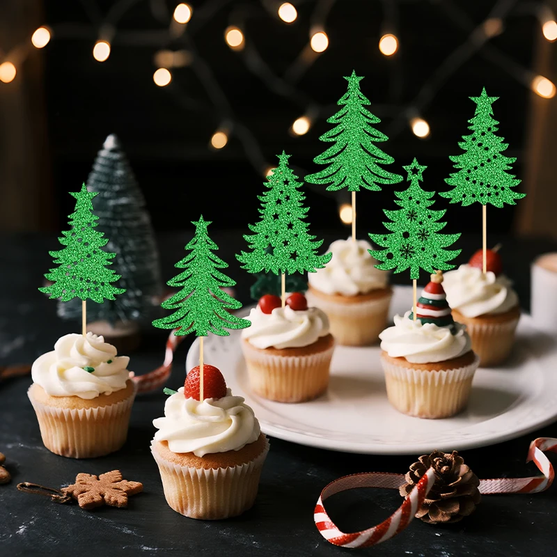 YOMDID 24 Stück Weihnachtsbaum-Cupcake-Topper, glitzernde Weihnachtsbaum-Kuchendekoration, Winter-Weihnachtsbaum, Schneeflocke, Cupcake-Picks – Detail 11