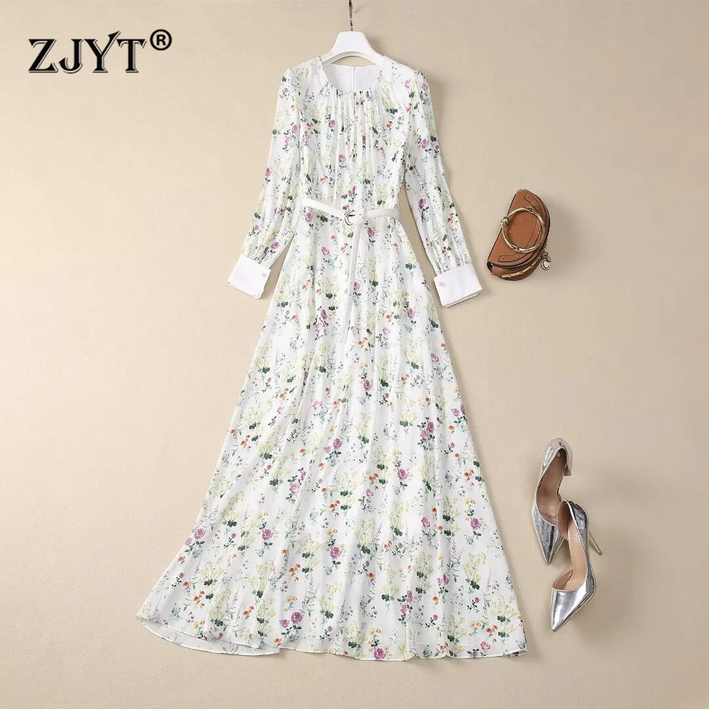 ZJYT Designer Autumn Floral Print Long Dresses for Women 2024 Full Sleeve O Neck Aline Casual Holiday Party Dress Elegant Robe