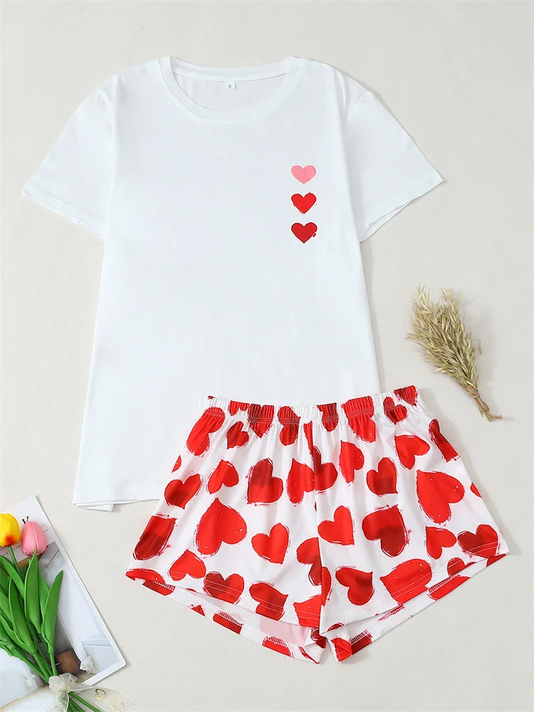 

2Pcs Women Summer Loose Fit Loungewear Heart-Shaped Printed Round-Neck Short-Sleeve Top Shorts Set Fashion Loose Sleepwear