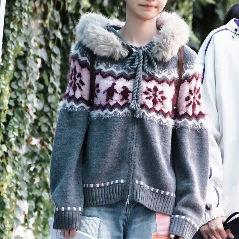 

Zipper Sweaters Jumpers knitted Coat Women's Clothing Sweet Autumn Winter Outwear All-match Harajuku Chic Open Stitch Hooded