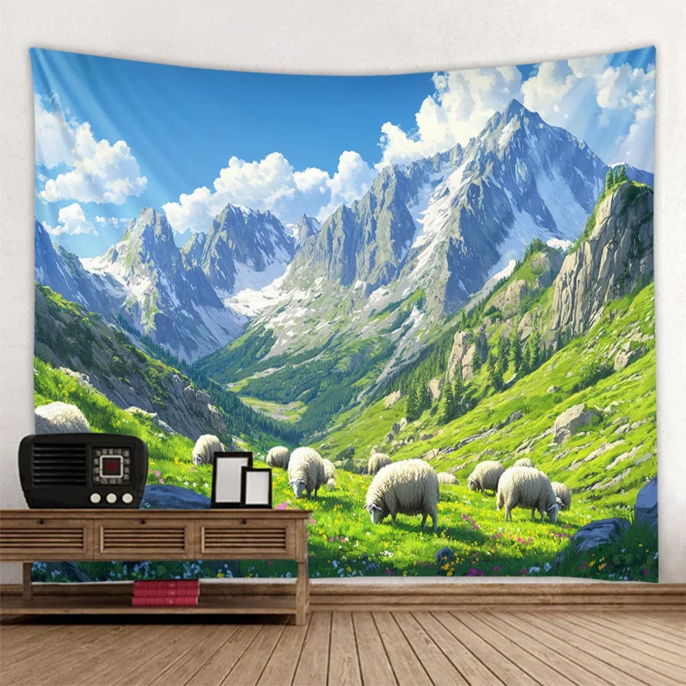Countryside Sheep Tapestry Grassland Baiyun Group Warm Rural Style Living Room Sofa Background Wall Decor