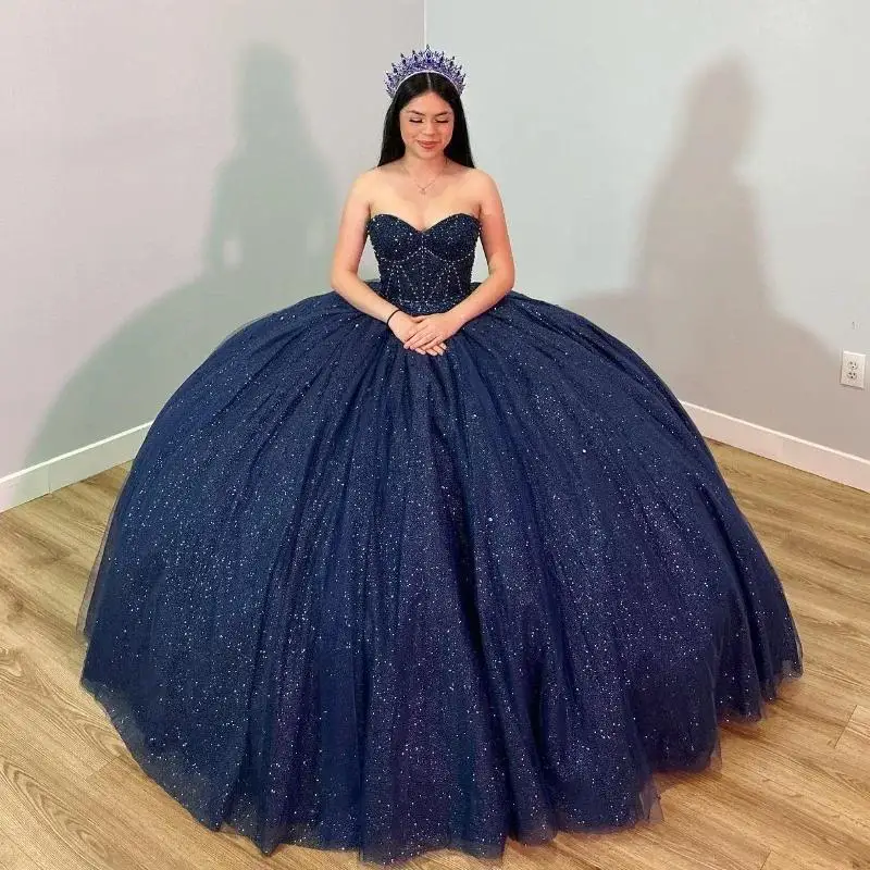 

Customized Glittering Navy Blue Quinceanera Dresses Vestidos De 15 Anos Sweetheart Luxury Beading Crystal Formal Princess Gown