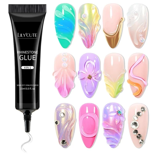 LILYUCUTE 4 en 1 Gel de diamantes de imitación para uñas DIY manicura moldeadora 3D súper adhesivo sin limpiar Gel de uñas para polvo Gel de joyería sólida
