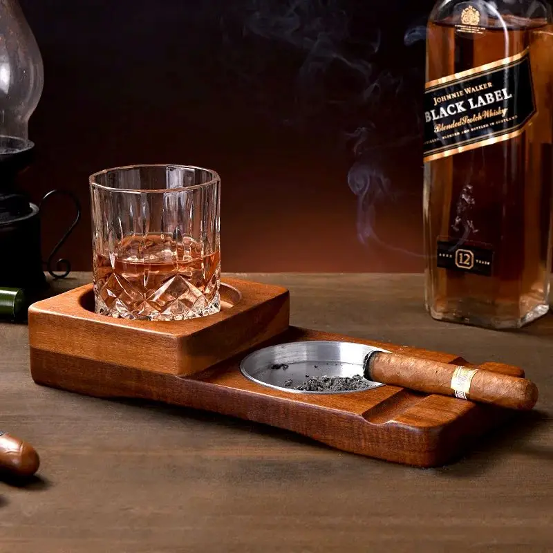 2-In-1 Creative Wooden Whiskey Wine Glass Holder Cigar Ashtray Desk Wood Cup For Bar Home Kitchen Office Decoration Cool Gadget