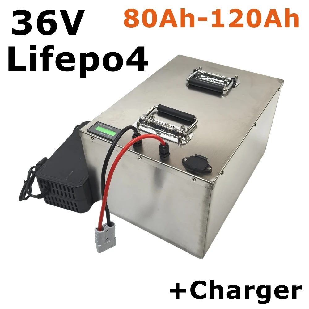 Lifepo4 36V 100Ah 120Ah 150Ah 80Ah Lifepo4 battery pack with BMS for solar system trolling motor boat+10A Charger