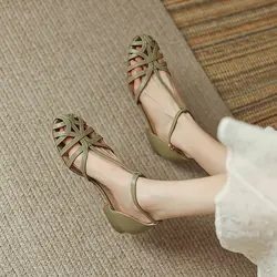 Low Sandals Woman Leather Low-heeled Rome Slides PU Rubber Hoof Heels Fabric Low Sandals Woman Leather Low-heeled Rome Rubber Fa