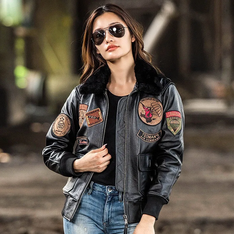 2024 New Women\'s Embroidery Insignia Head Layer Cowhide Leather Jacekt Paratroopers Air Force G1 Pilot Wool Collar Female Jacket