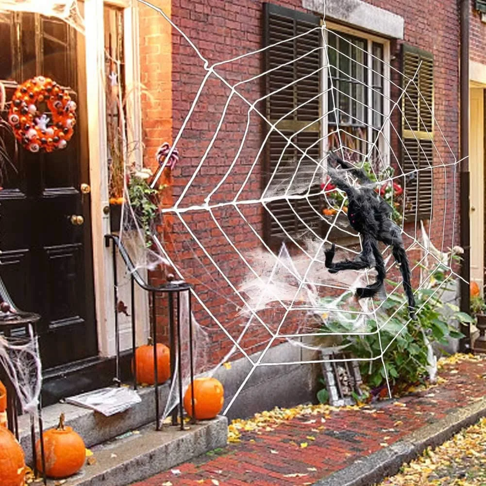 ABHU Halloween 12 قدم شبكة عنكبوت مستديرة عملاقة ودعائم عنكبوت مشعر وهمية باب ساحة مخيف وديكور خارجي مع نسيج العنكبوت المطاطي
