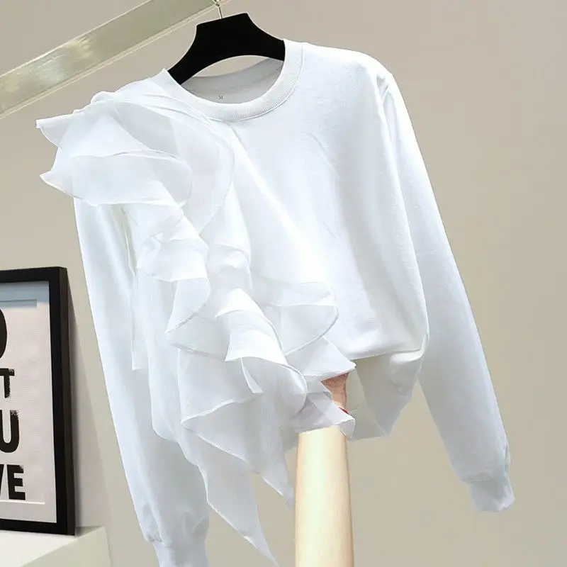 Patchwork Ruffle White Tops for Women O Neck Short Sleeve Casual T Shirt Female Fashion New Clothing 2024 Summer Black Tees