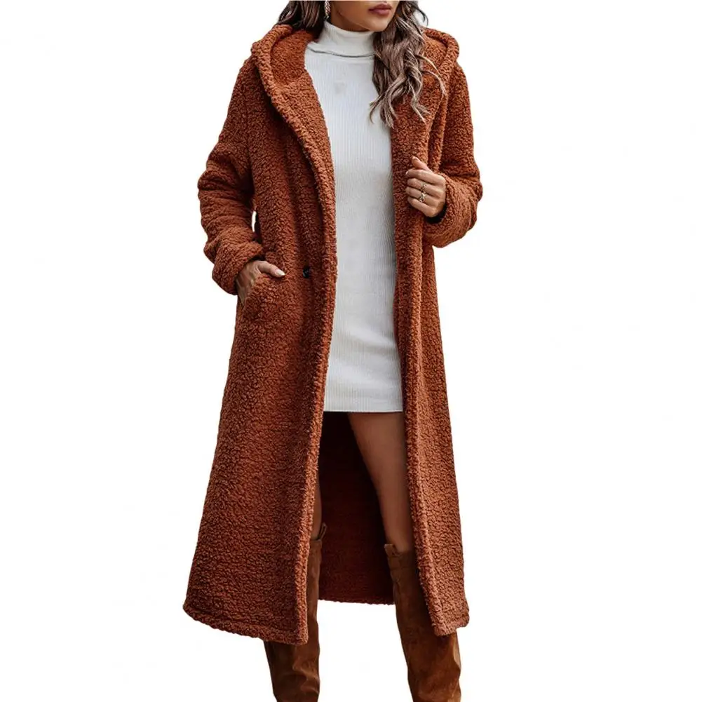 2024 Spring Wool Women\'s Long Coat Black Hooded Pocket Thick Warm Jacket Female Fleece New Trench Trendy Fashion Ladies Clothes