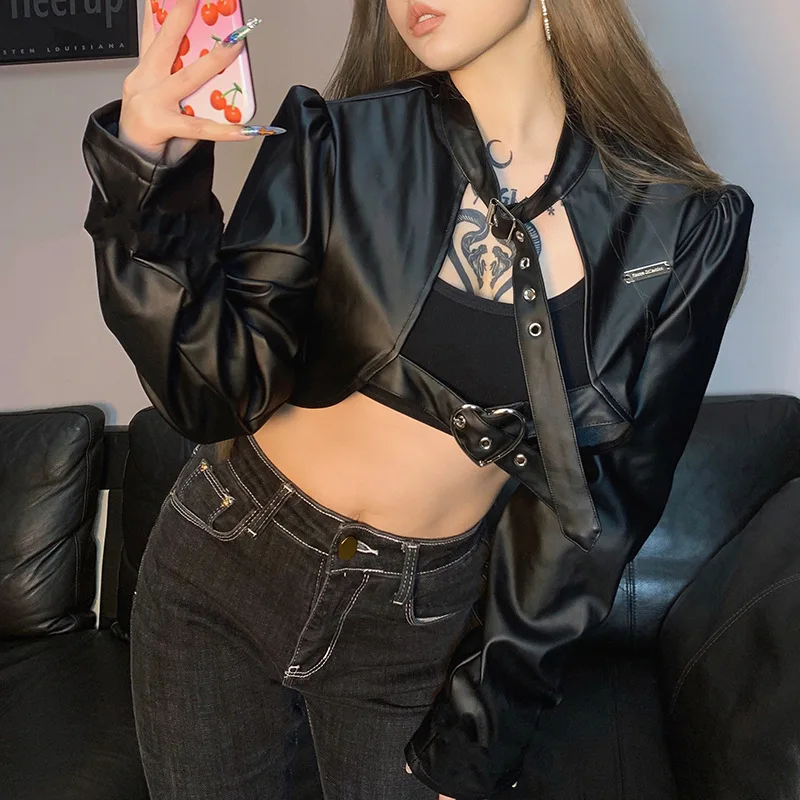 Cool Dark Style Irregular Leather Jacket Women's Spring 2025 Trendy Bag Buckle Outerwear Spicy Girl Short Length Thickened