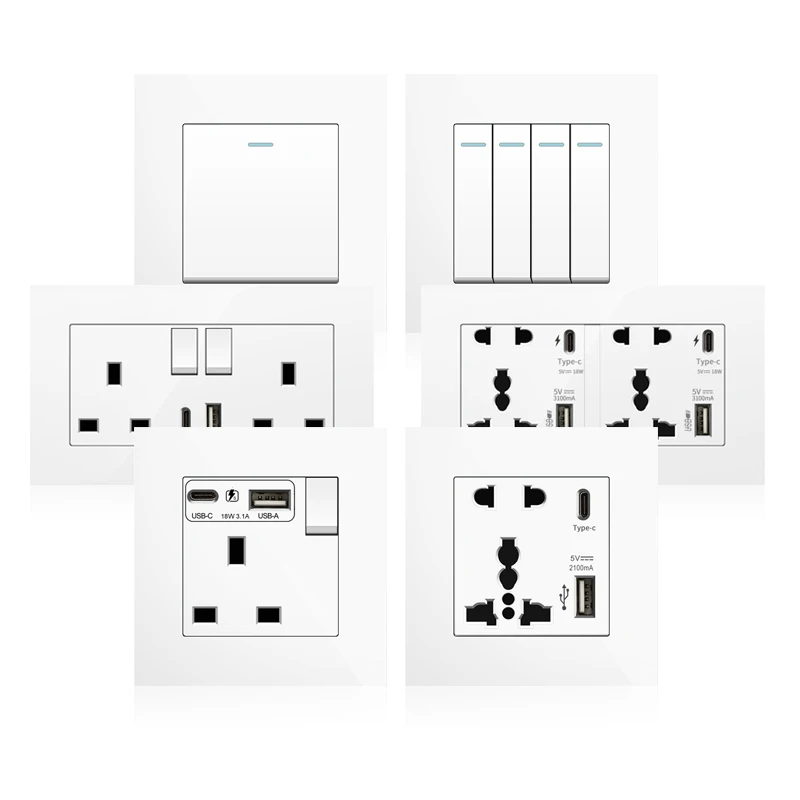 

White UK 13A Wall Socket with USB C 18W Quick Charge Plug Socket,Wall power outlet with USB port, 1gang3way Intermediate switch