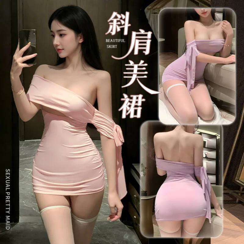 

Hot And Sexy Lingerie INS Off-Shoulder Chest-Exposing Dress Sexy Pure Desire Bare Back Flirting Fun Nightwear
