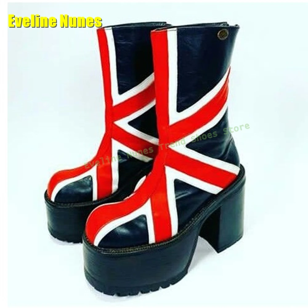 كابوس الاتحاد جاك منصة الأحذية جولة تو كتلة الكعوب مختلط الألوان الجانب البريدي المرأة موضة حذاء بوت بطول الكاحل 2025 الشارع نمط الاتجاه #6