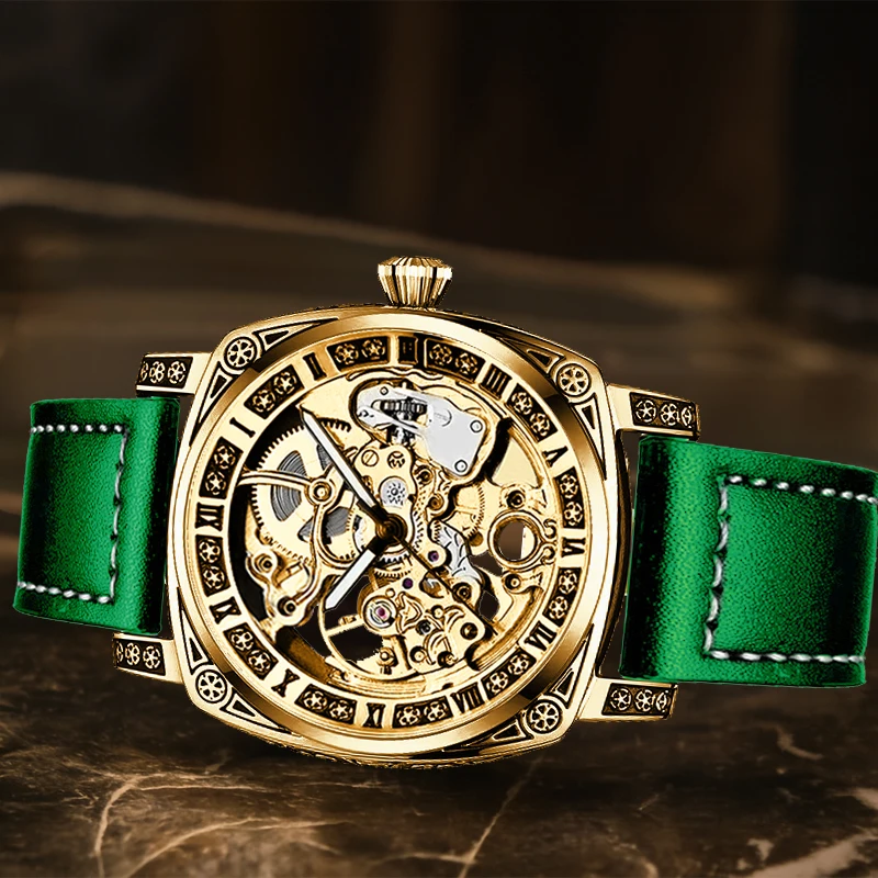 

A stylish Roman numeral luminous automatic mechanical watch with a green belt for men